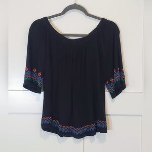LOFT Off The Shoulder Embroidered Blouse Top Size Small Black